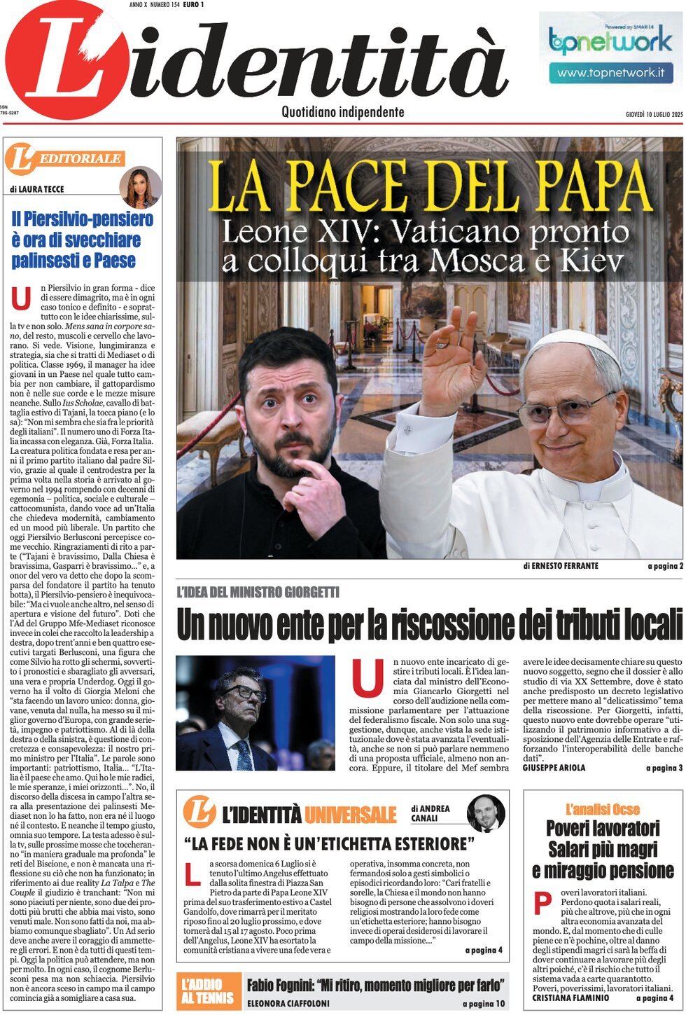 anteprima della prima pagina di lidentit del 10/07/2025