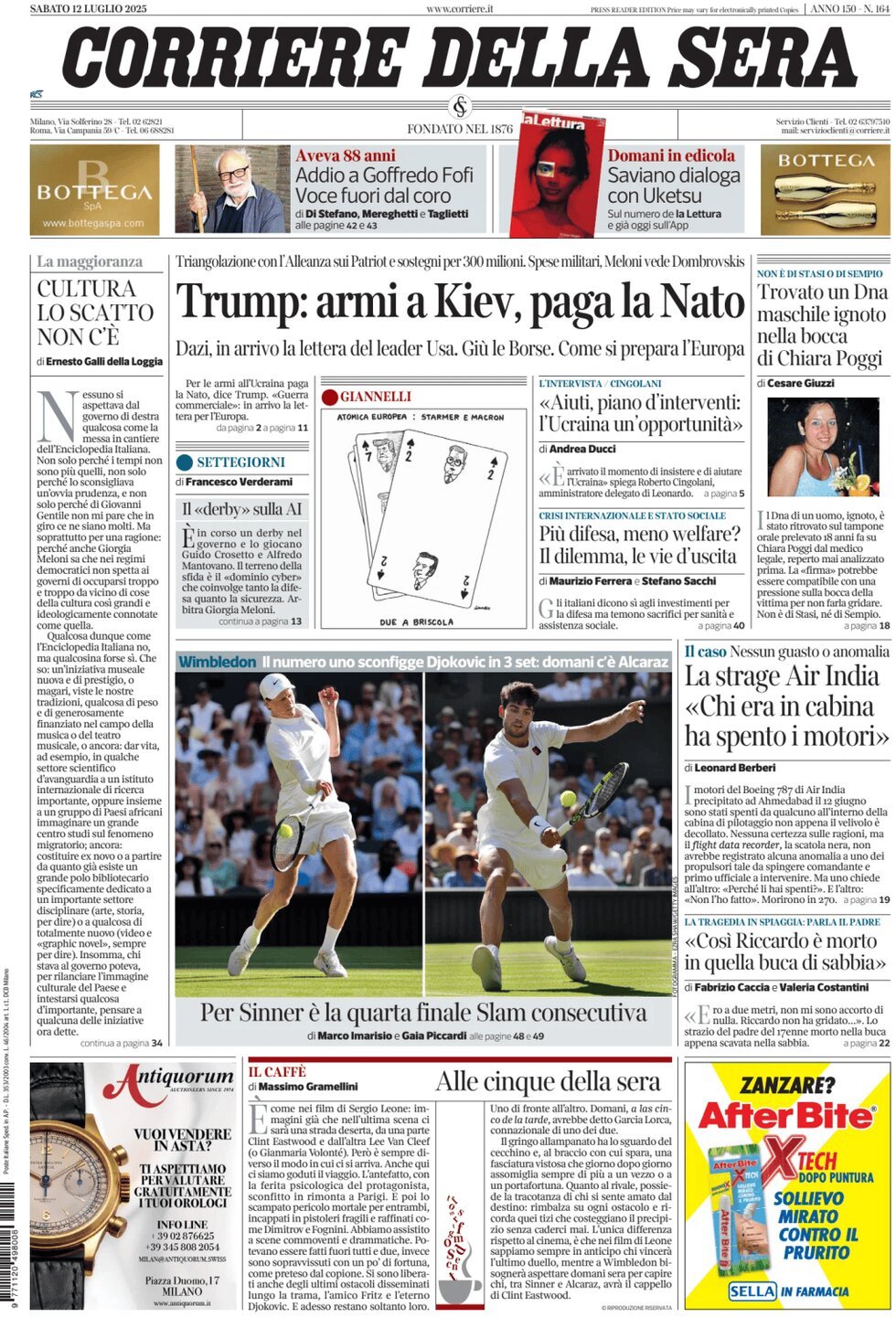 anteprima della prima pagina di corriere-della-sera del 12/07/2025