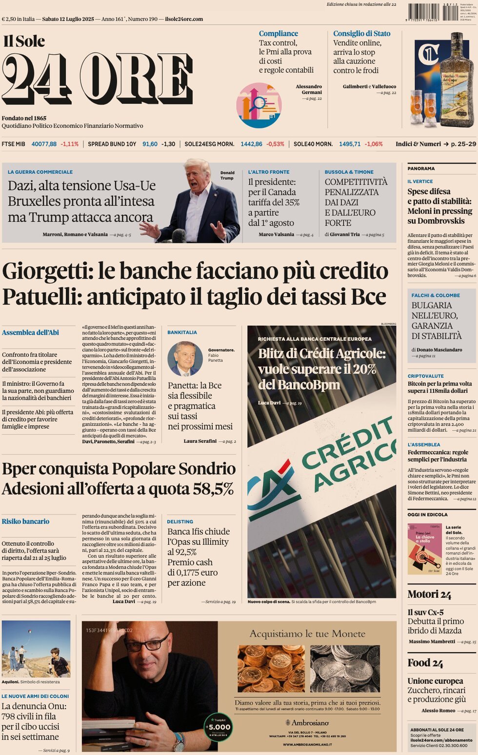anteprima della prima pagina di Il Sole 24 Ore