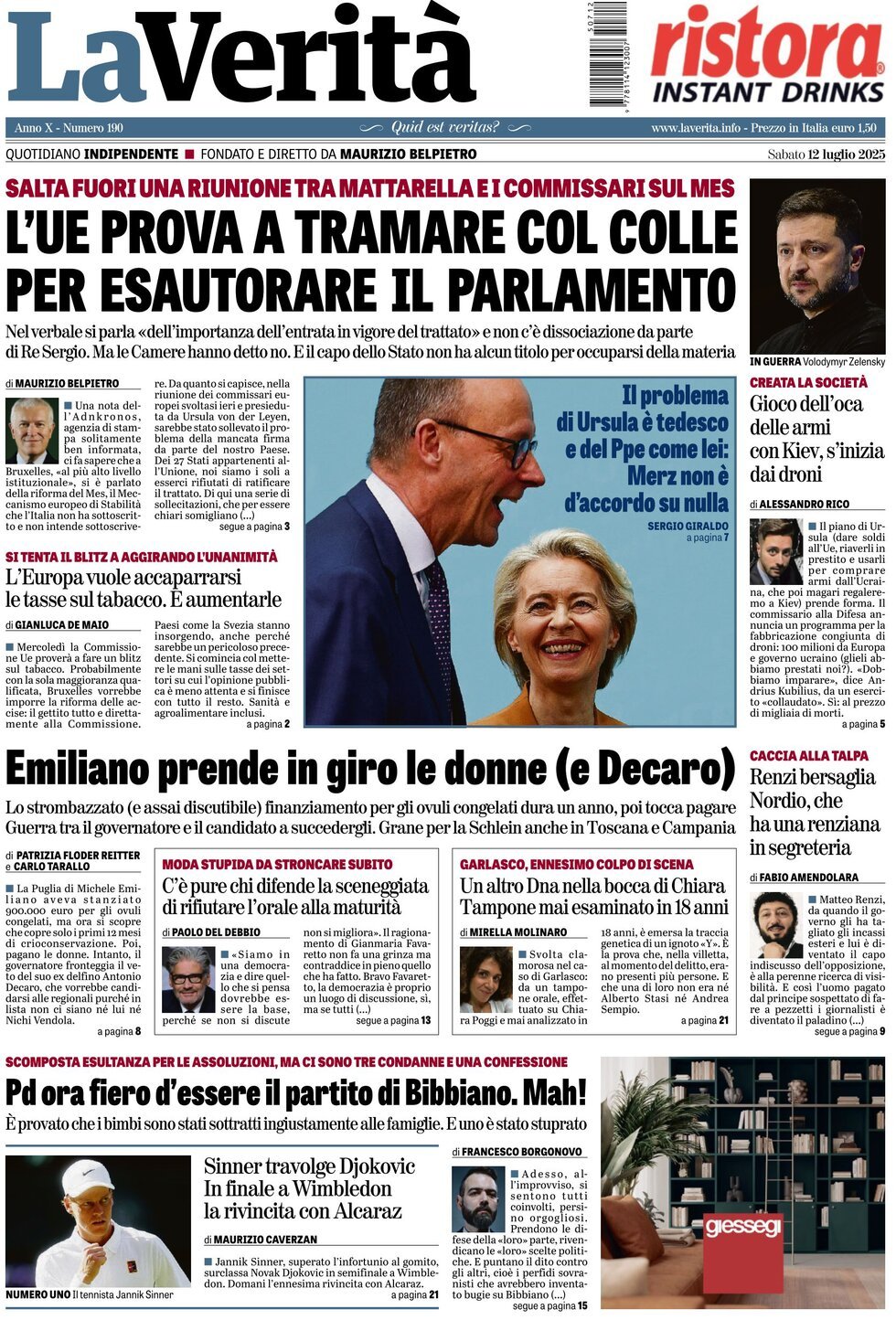anteprima della prima pagina di la-verit del 12/07/2025