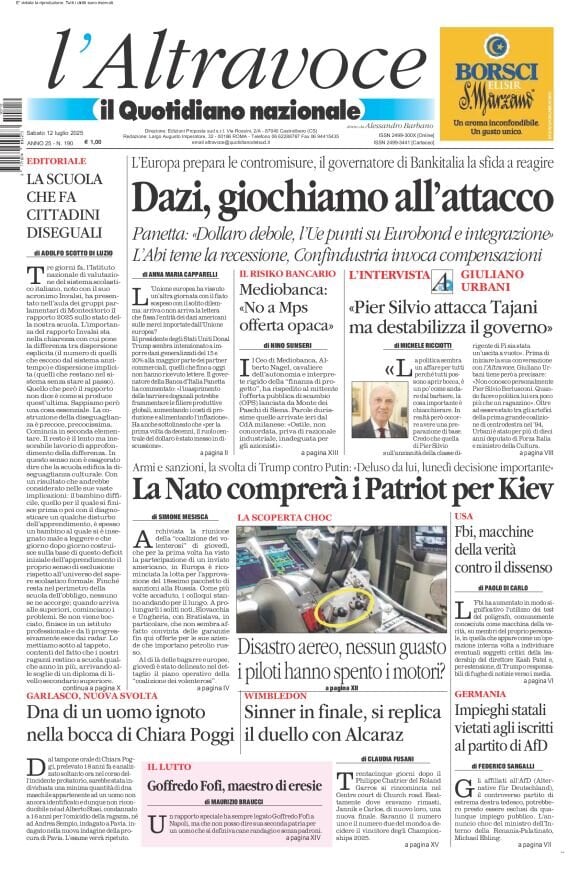 anteprima della prima pagina di Il Quotidiano del Sud L'Altravoce