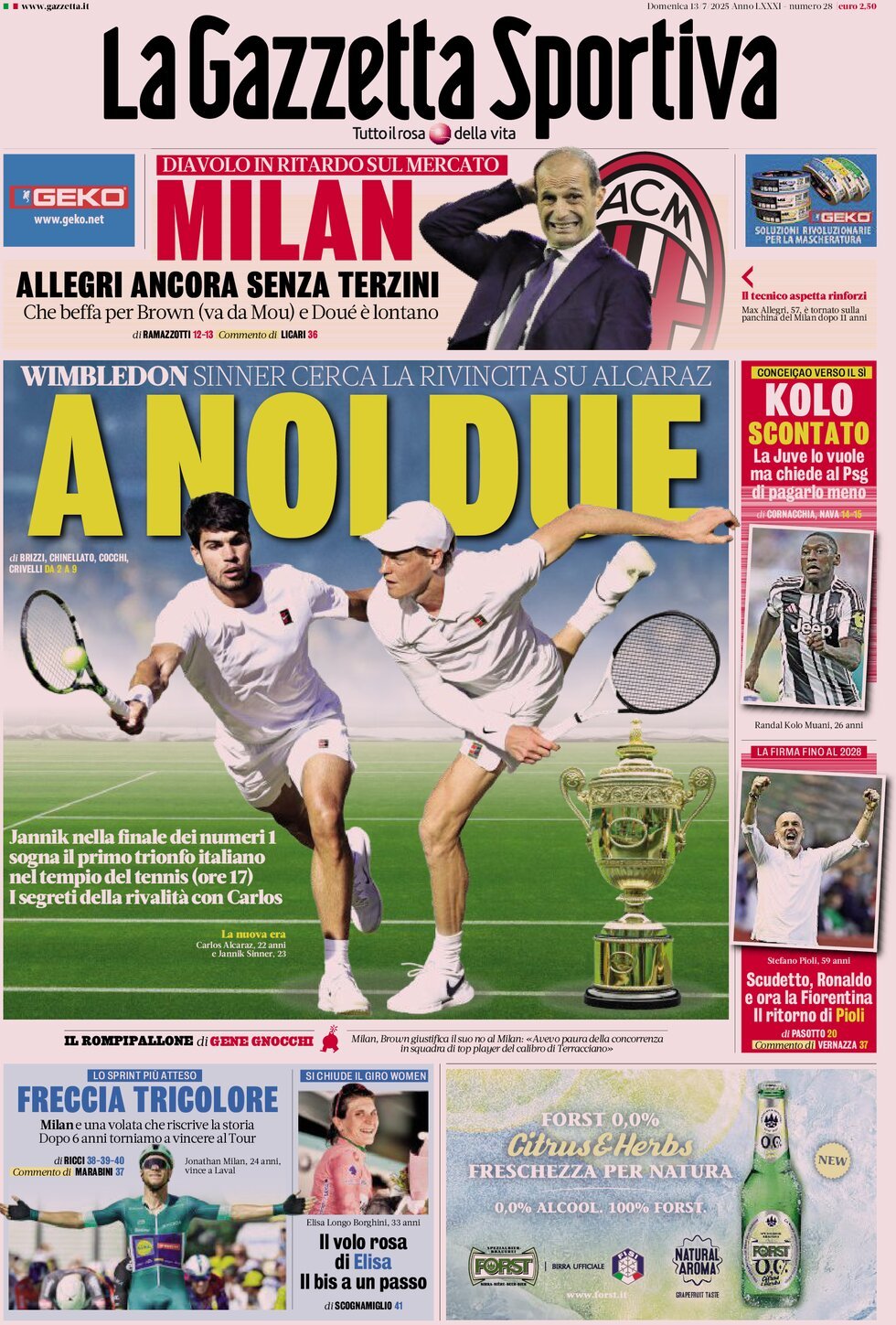 prima pagina - La Gazzetta dello Sport del 13/07/2025