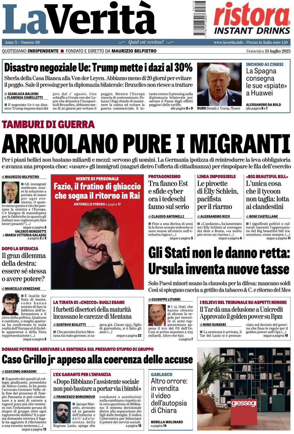 anteprima della prima pagina di la-verit del 13/07/2025