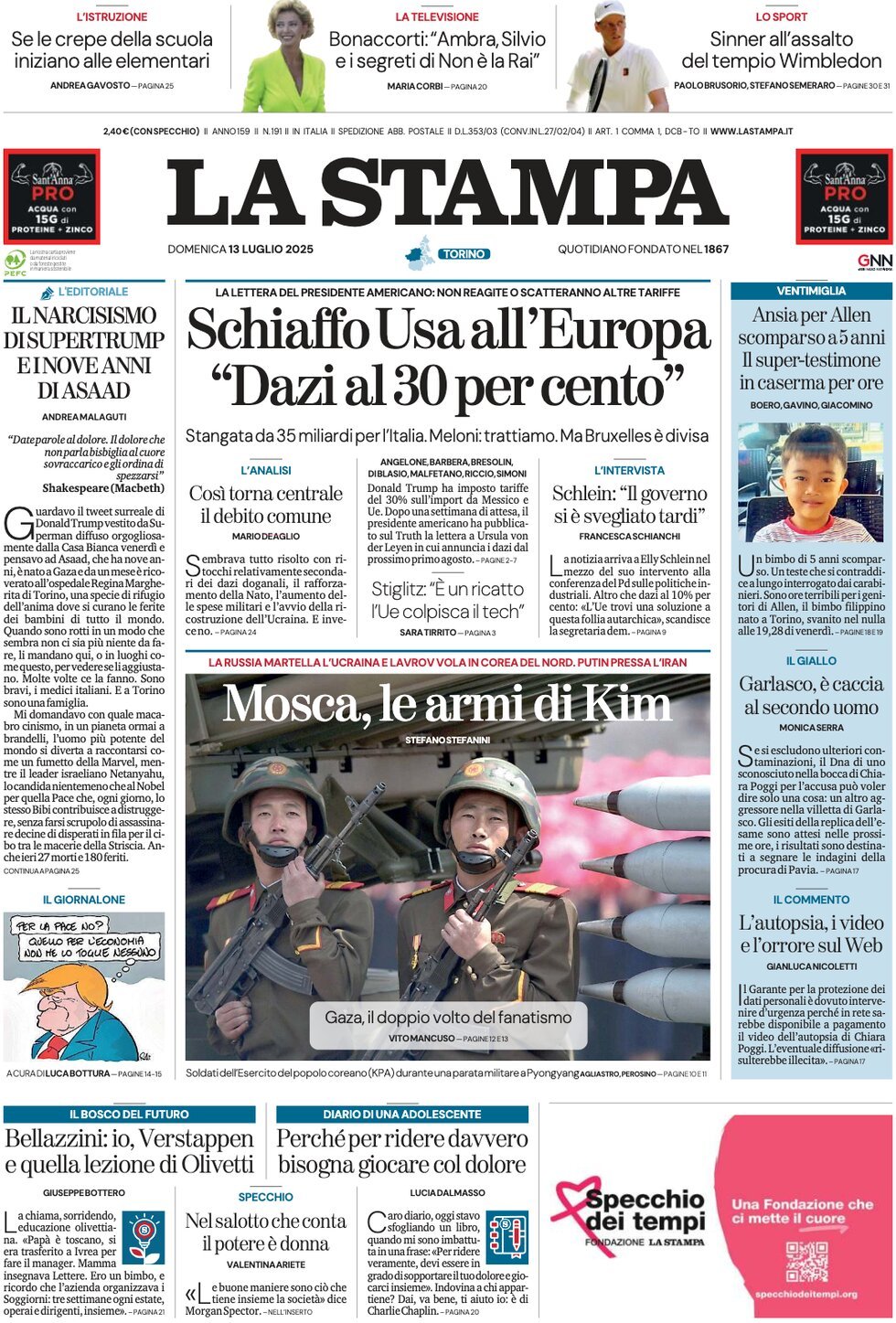 anteprima della prima pagina di la-stampa del 13/07/2025
