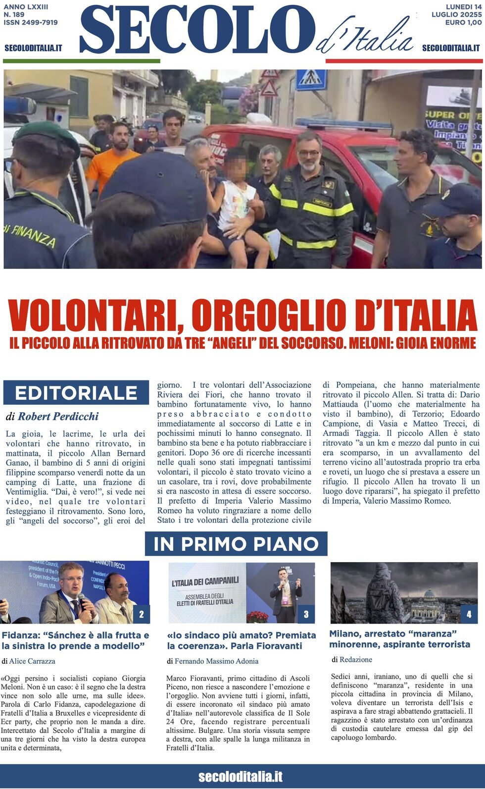 anteprima della prima pagina di secolo-ditalia del 14/07/2025