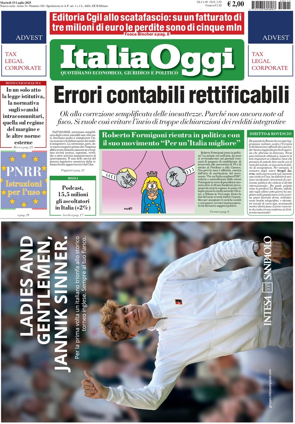 anteprima della prima pagina di italiaoggi del 15/07/2025