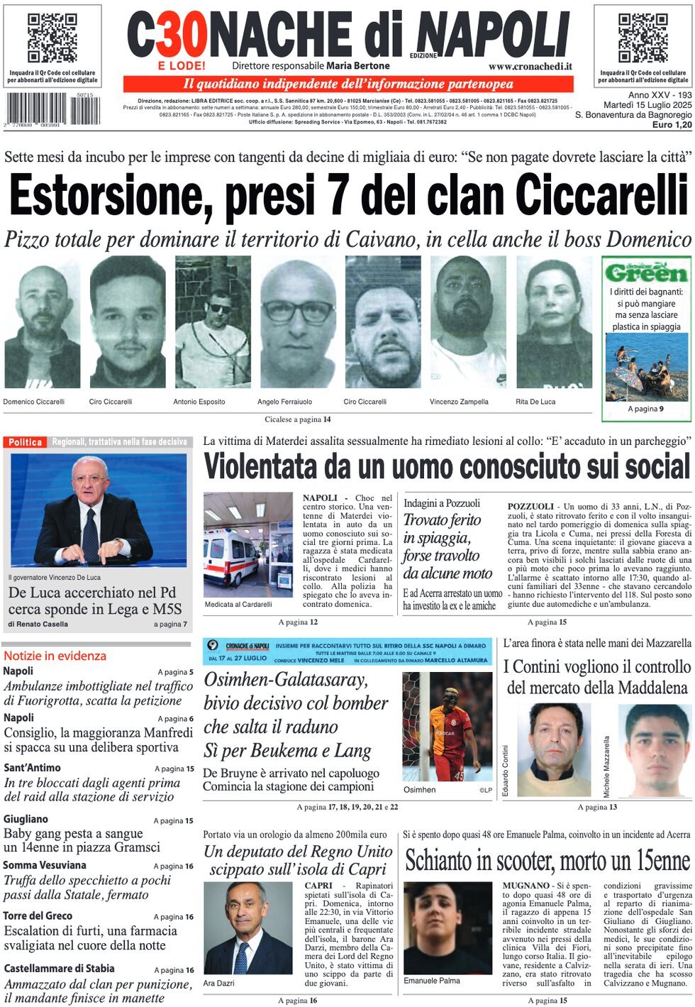 prima pagina - Cronache di Napoli del 15/07/2025