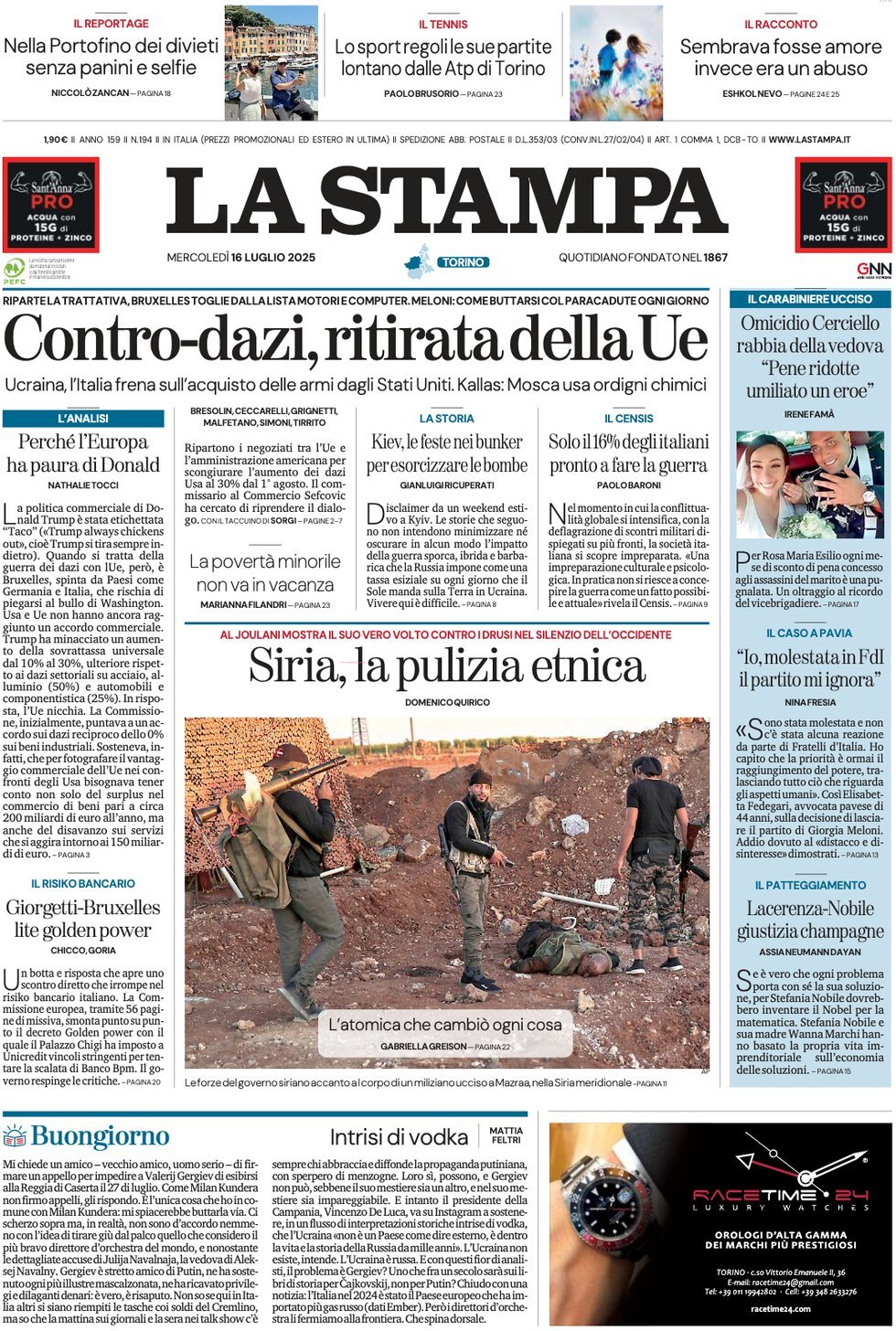 anteprima della prima pagina di la-stampa del 16/07/2025