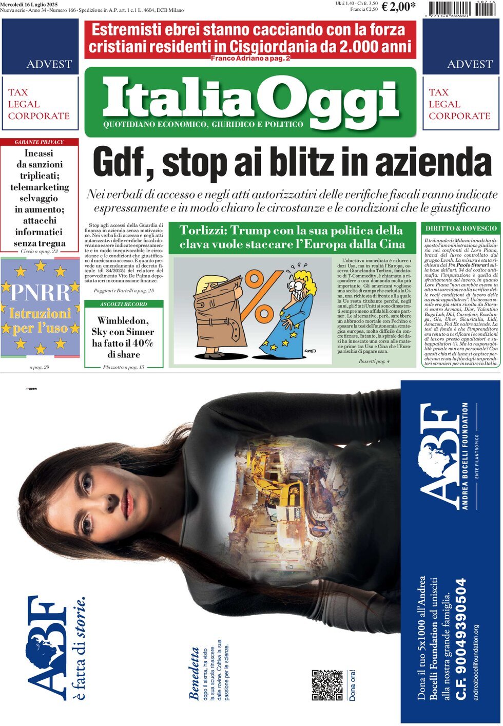 anteprima della prima pagina di italiaoggi del 16/07/2025