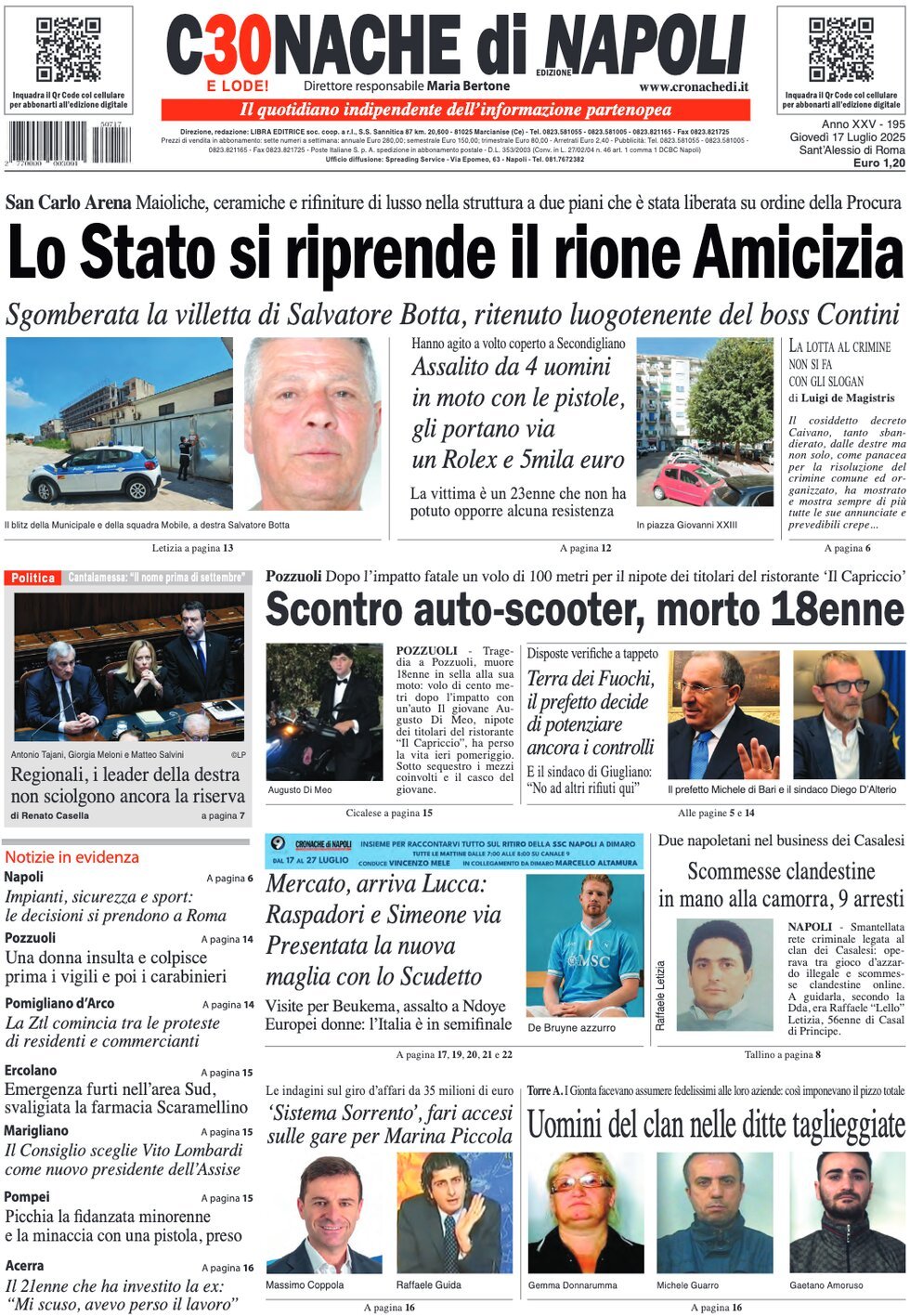 Anteprima prima pagina della rasegna stampa di ieri 2025-07-17 - cronache-di-napoli/