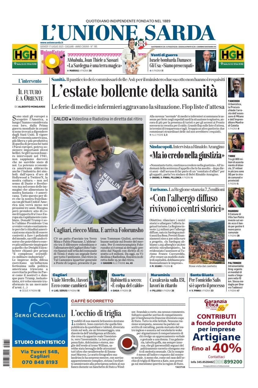 anteprima della prima pagina di L'Unione Sarda