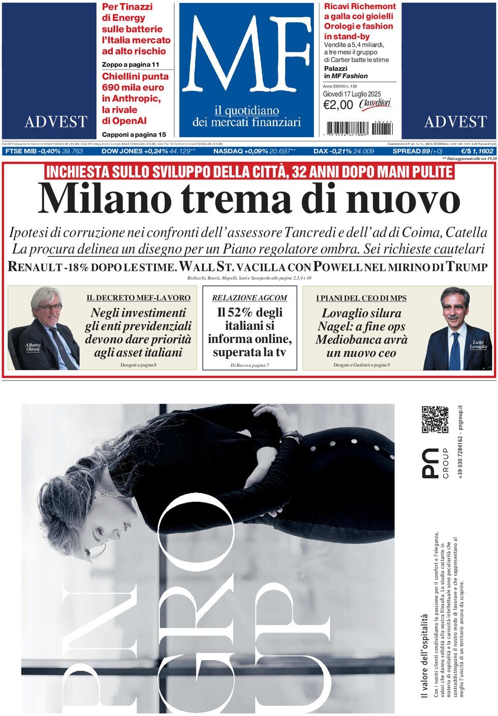 anteprima della prima pagina di MF Milano Finanza