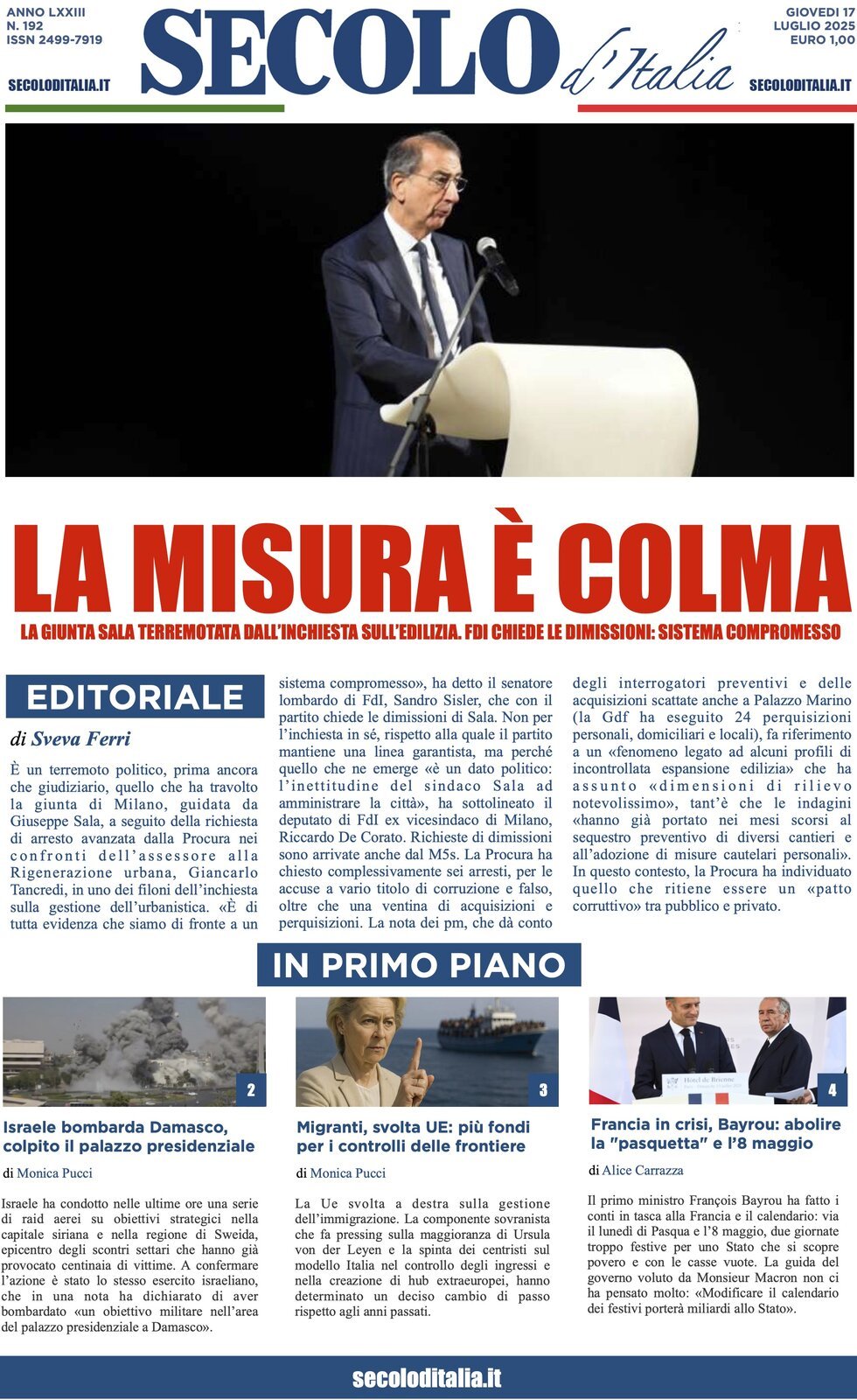 anteprima della prima pagina di Secolo d'Italia