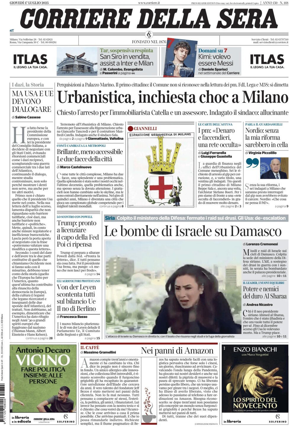 anteprima della prima pagina di Corriere della Sera