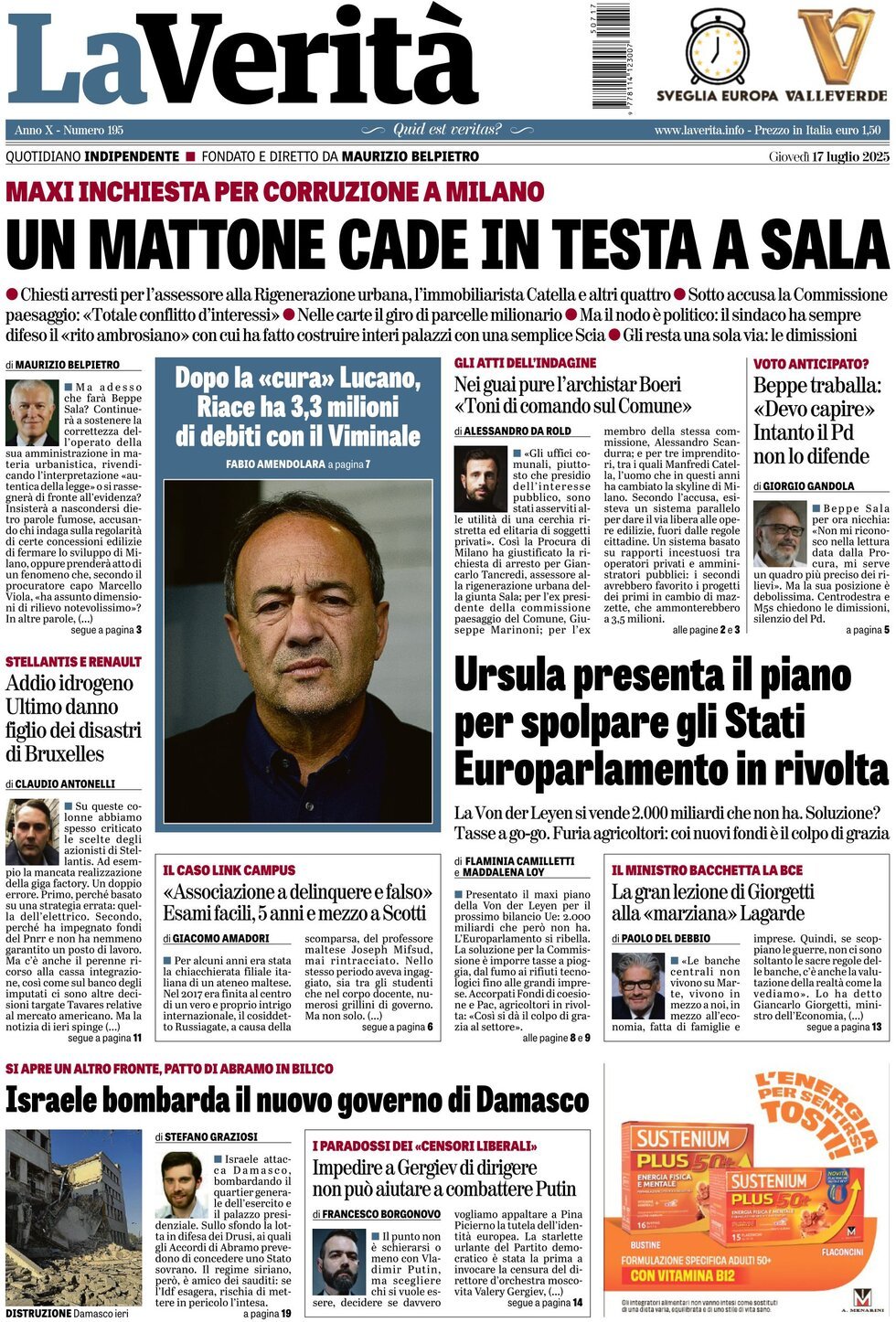 anteprima della prima pagina di La Verità