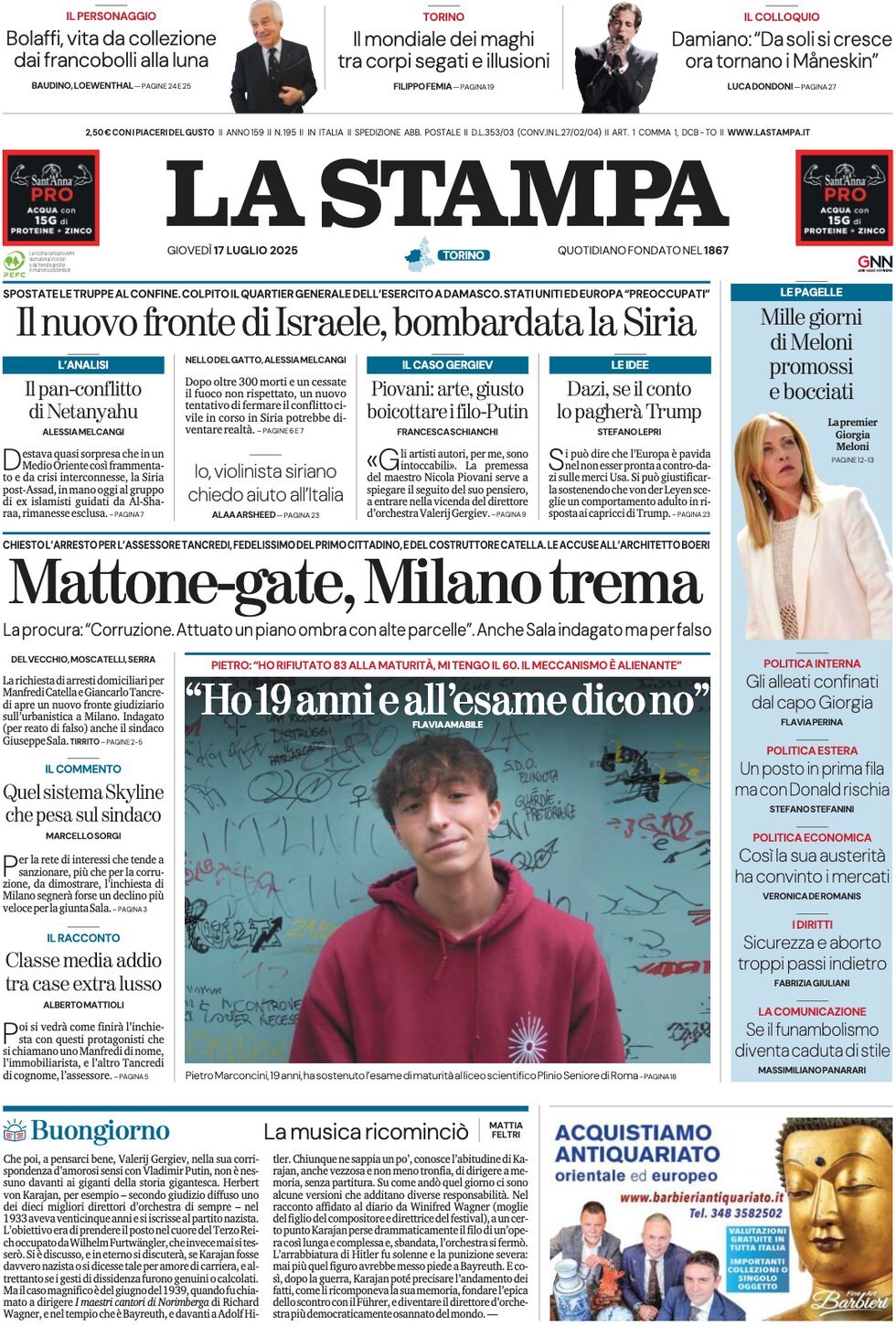 anteprima della prima pagina di La Stampa