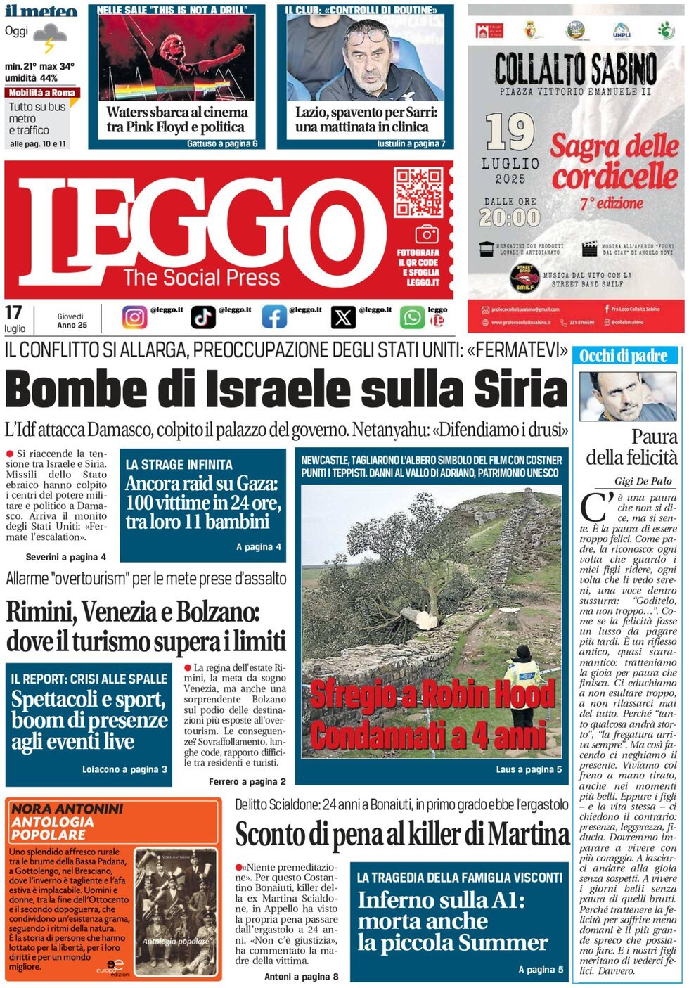 anteprima della prima pagina di Leggo (Roma)