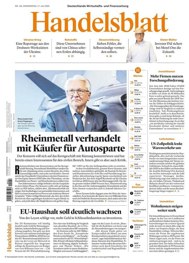 anteprima della prima pagina di Handelsblatt