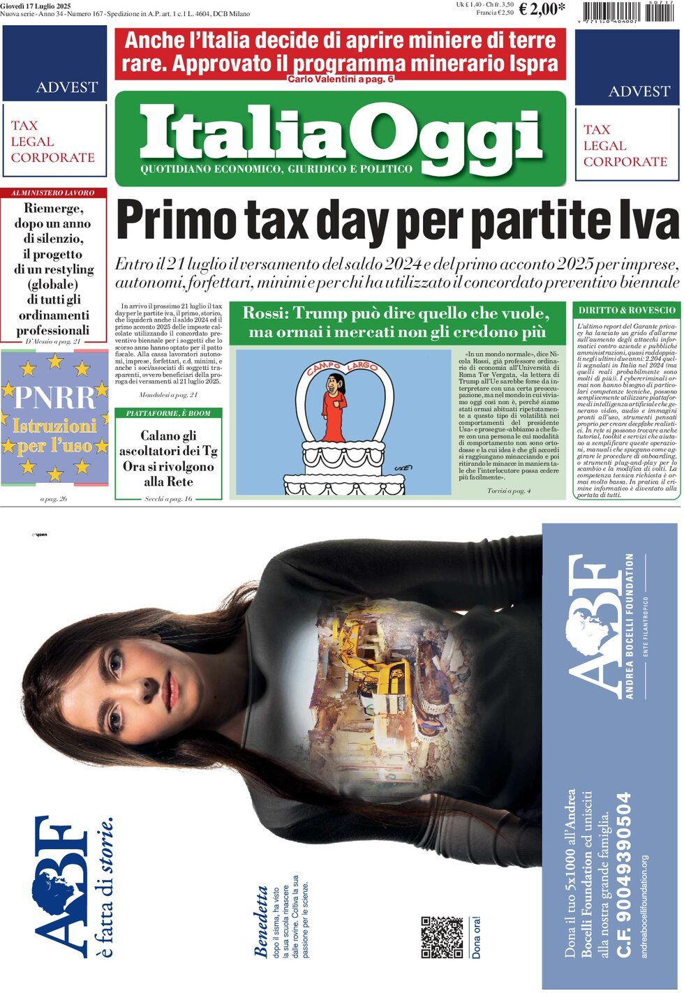 anteprima della prima pagina di ItaliaOggi