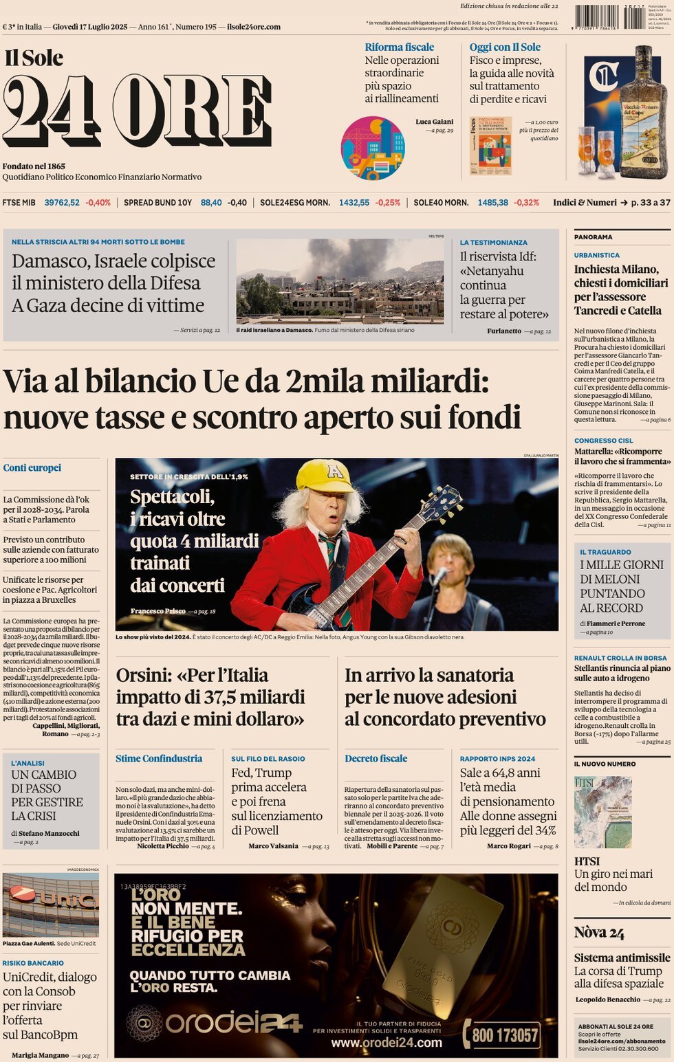 anteprima della prima pagina di Il Sole 24 Ore