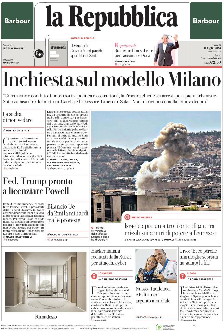 anteprima della prima pagina di La Repubblica