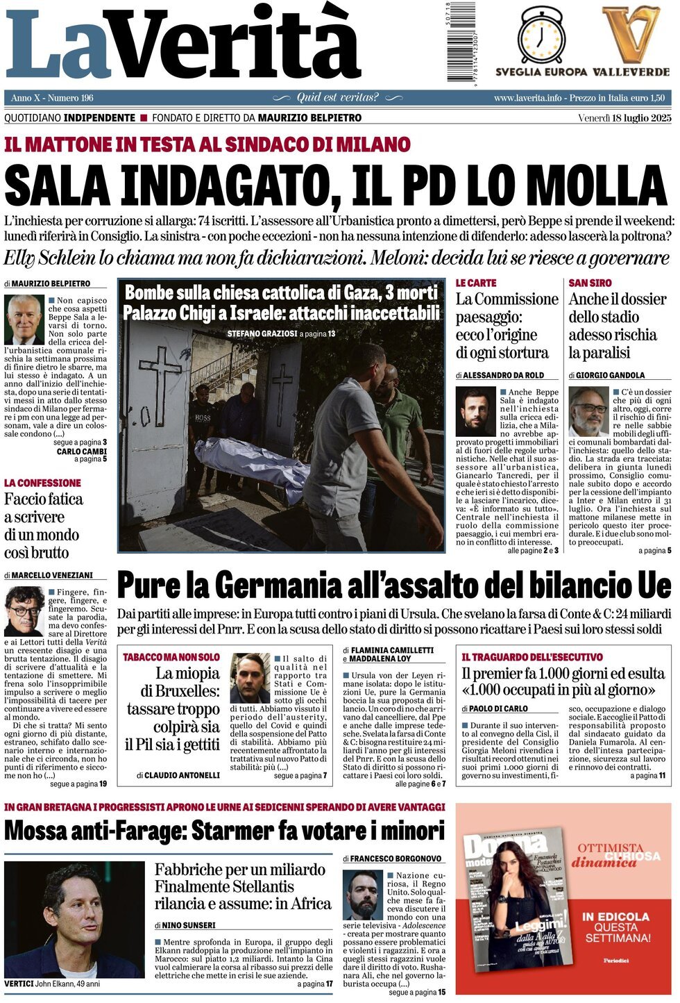 anteprima della prima pagina di La Verità