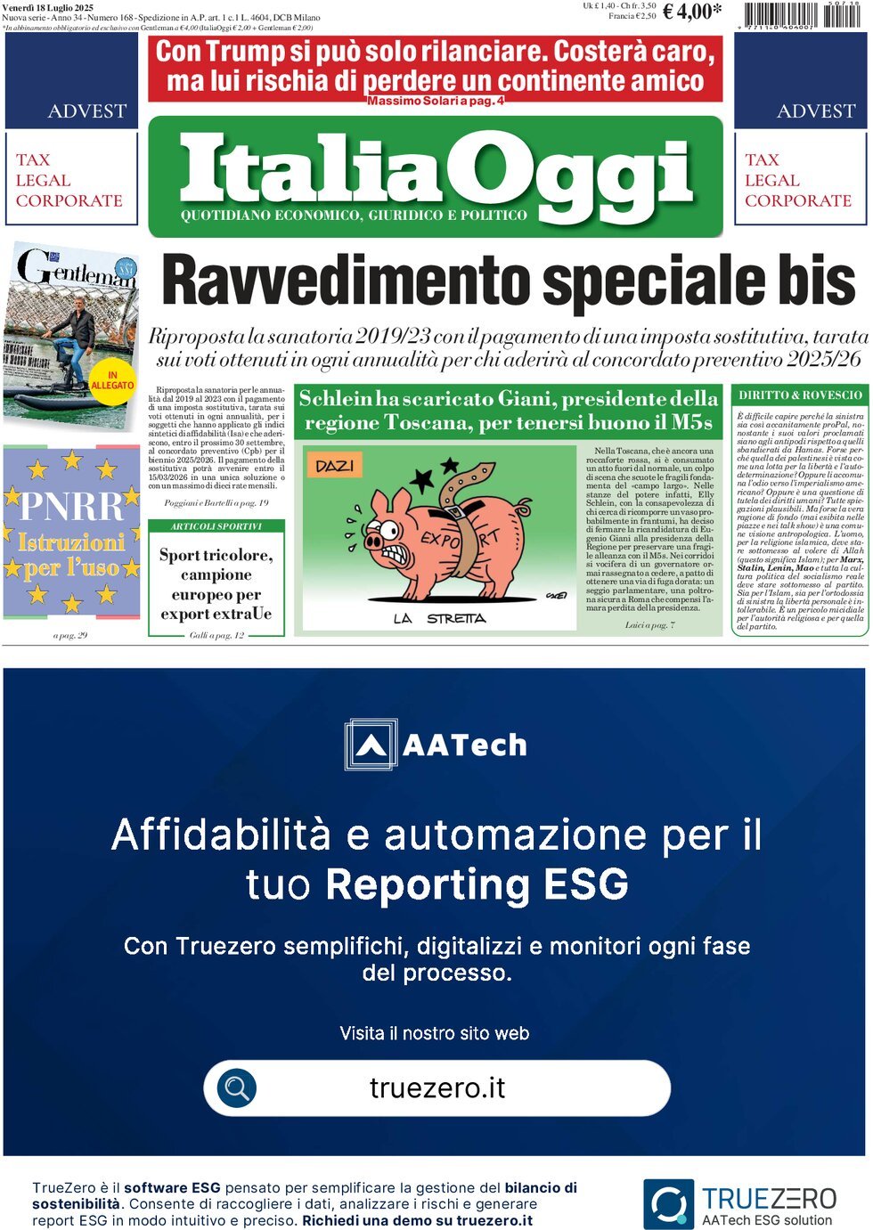 anteprima della prima pagina di ItaliaOggi