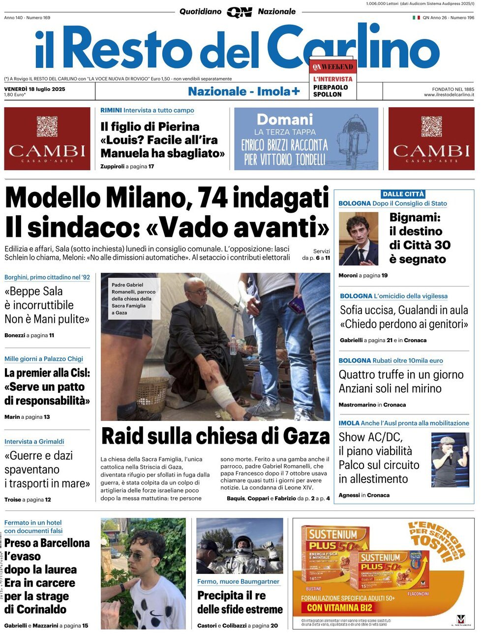 anteprima della prima pagina di Il Resto del Carlino