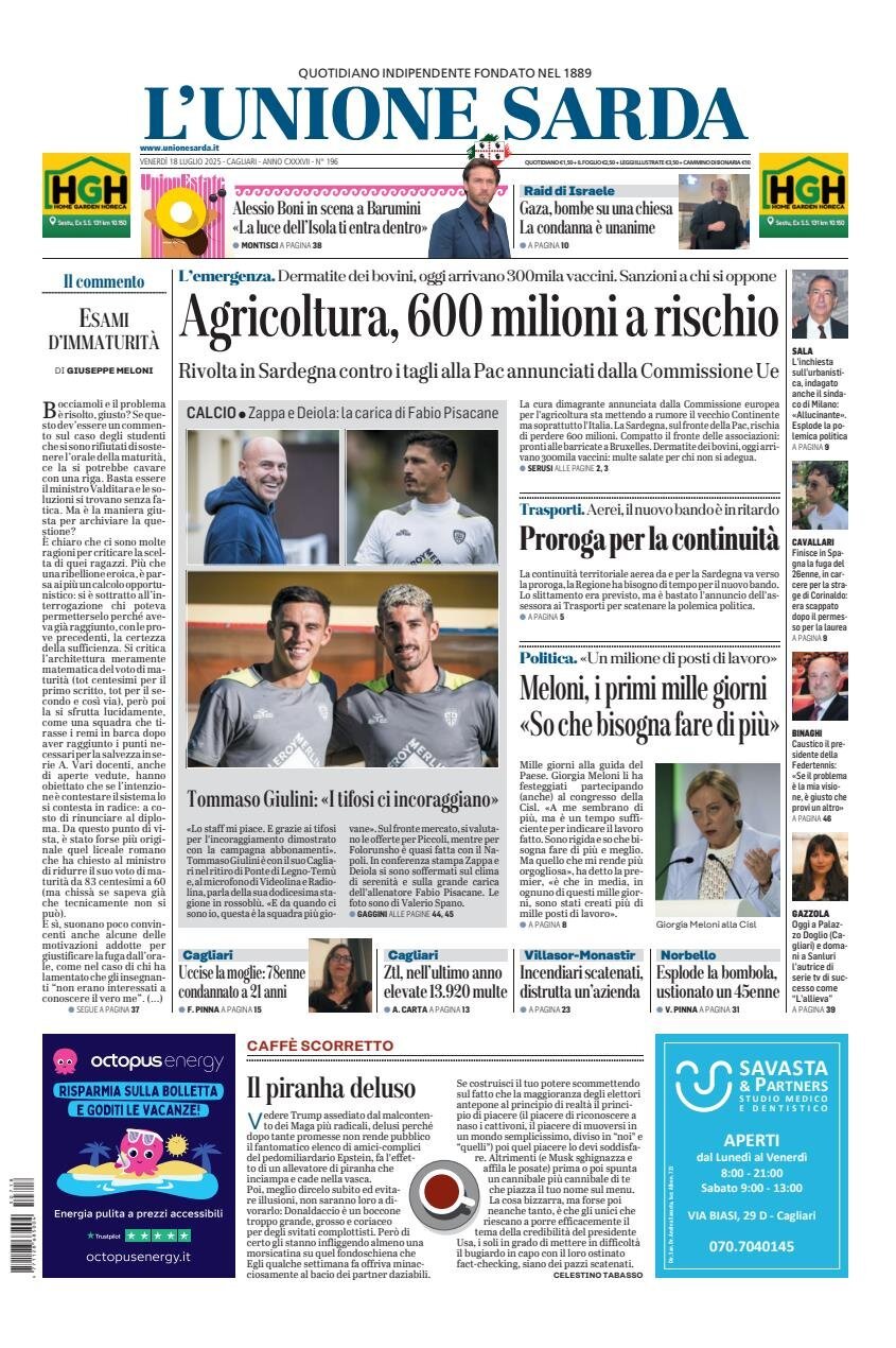 anteprima della prima pagina di L'Unione Sarda