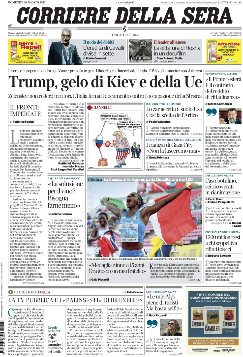 Anteprima prima pagina della rasegna stampa di ieri 2025-08-10 - corriere-della-sera/