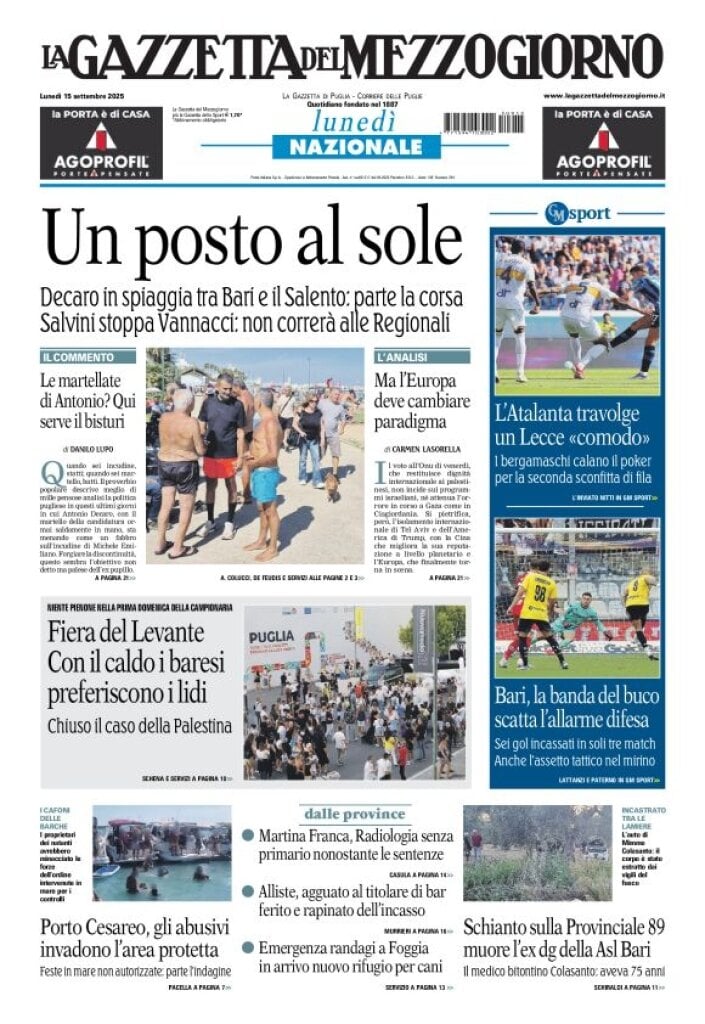 anteprima della prima pagina di La Gazzetta del Mezzogiorno (Bari)