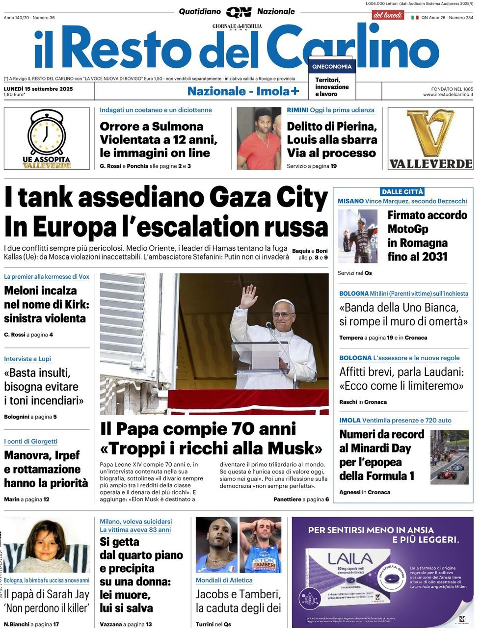 anteprima della prima pagina di Il Resto del Carlino