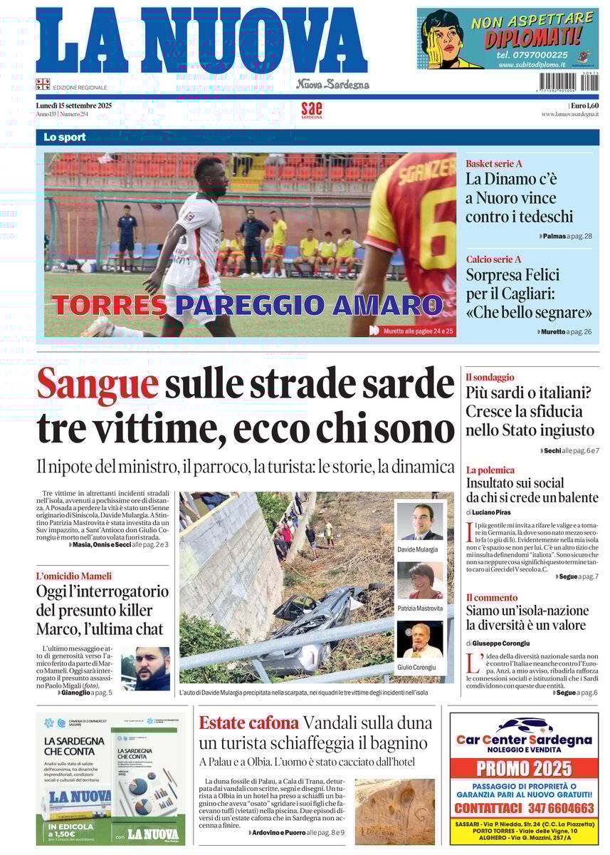 anteprima della prima pagina di La Nuova Sardegna