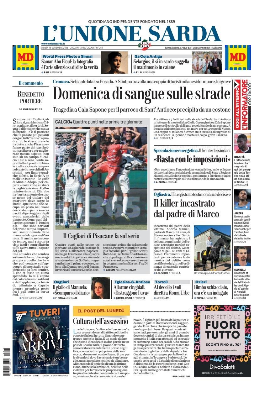 anteprima della prima pagina di L'Unione Sarda