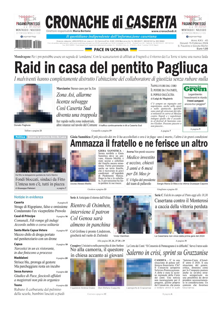 anteprima della prima pagina di cronache-di-caserta del 15/02/2024