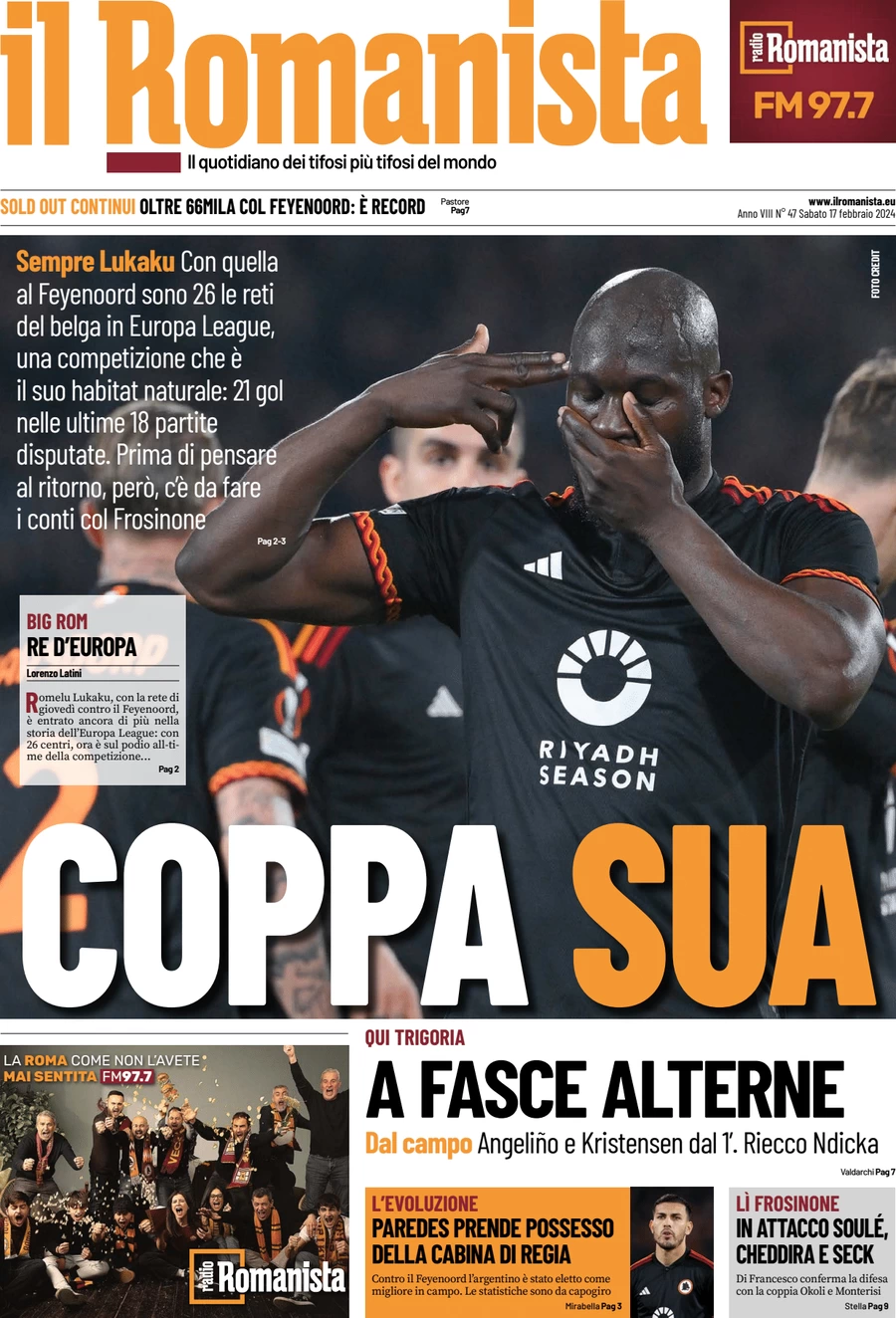 anteprima della prima pagina di il-romanista del 16/02/2024