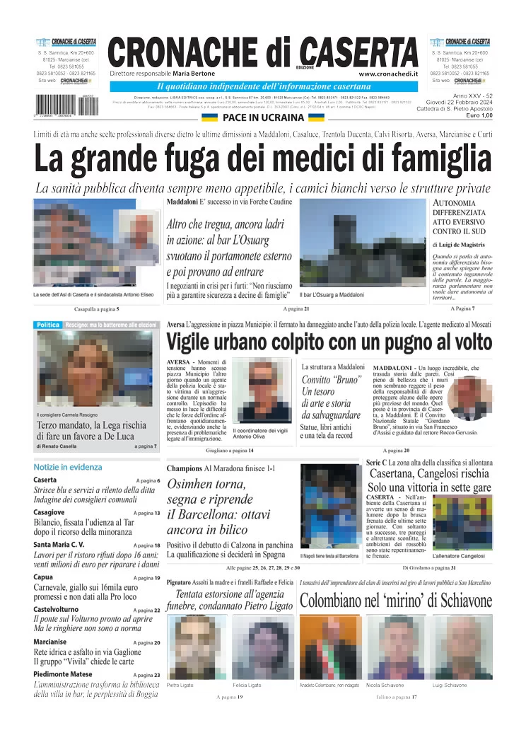 anteprima della prima pagina di cronache-di-caserta del 22/02/2024