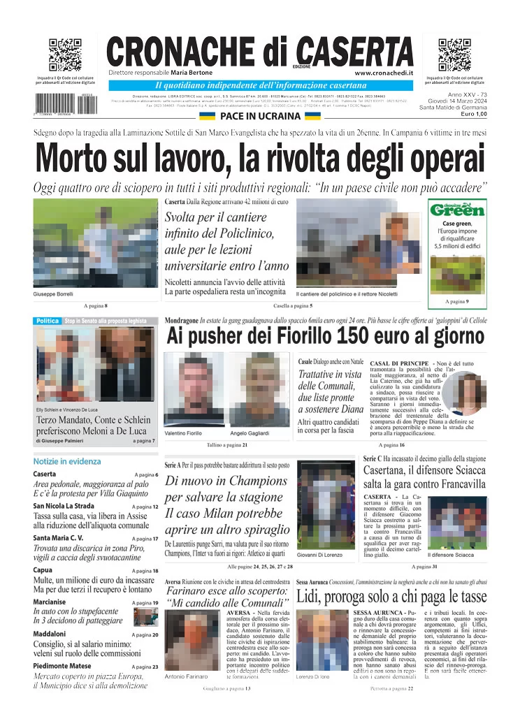 anteprima della prima pagina di cronache-di-caserta del 14/03/2024