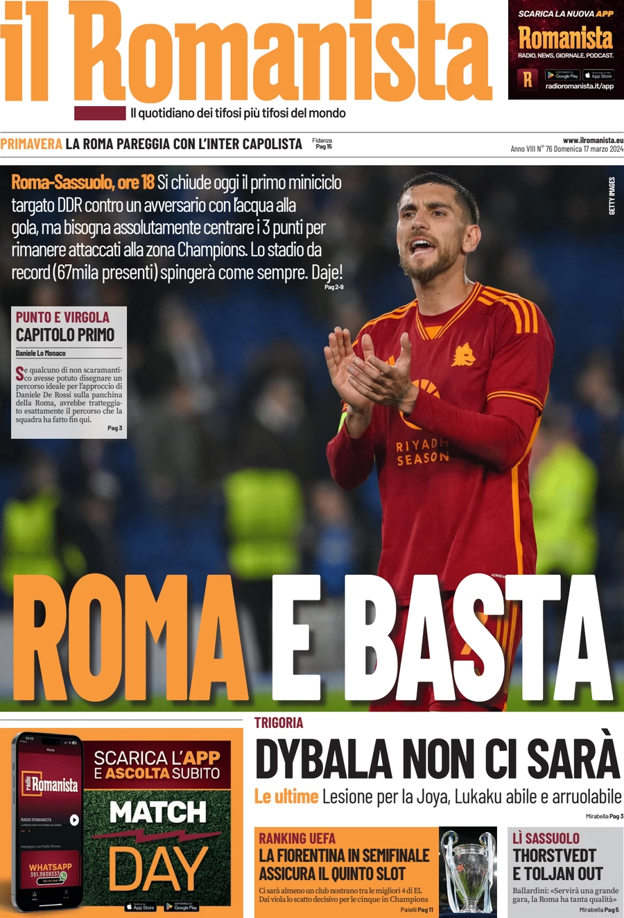 anteprima della prima pagina di il-romanista del 17/03/2024