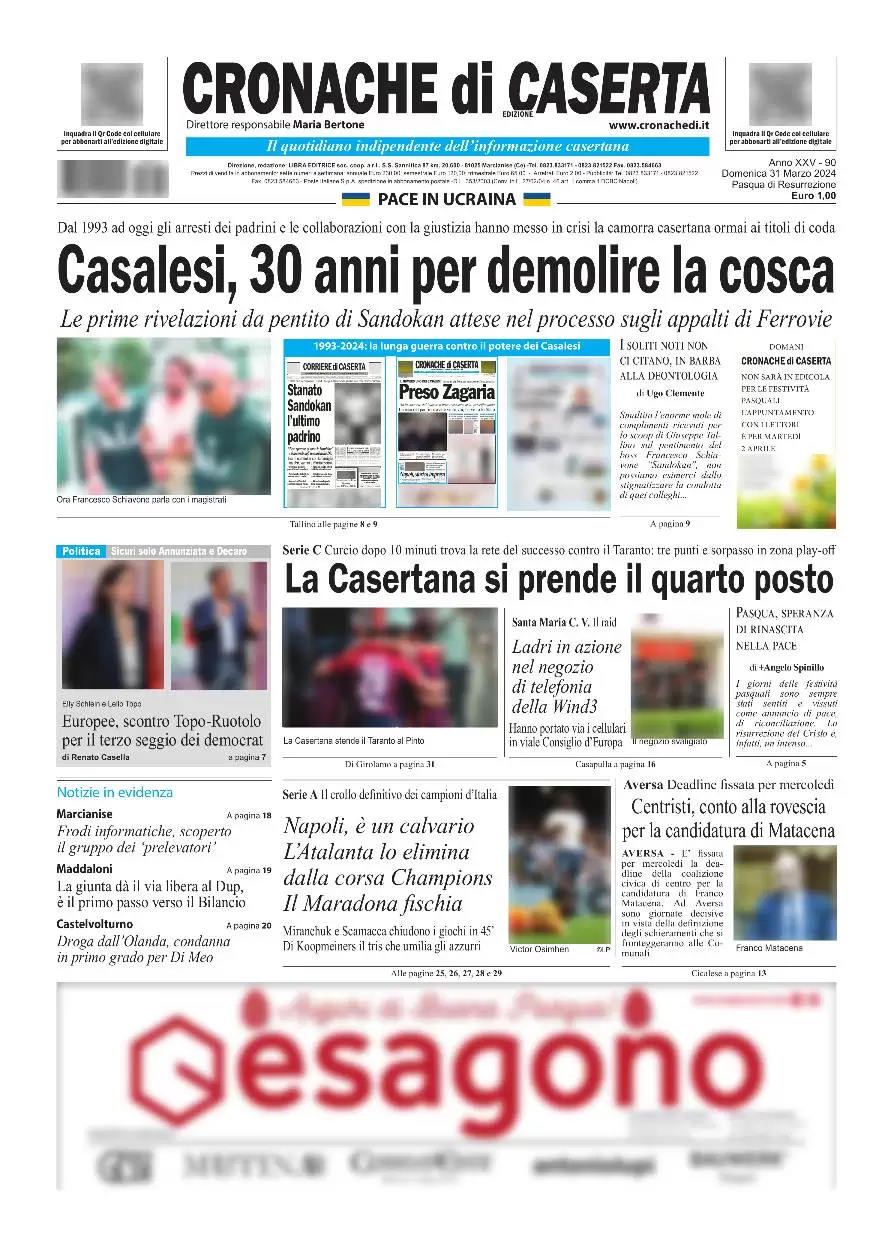 anteprima della prima pagina di cronache-di-caserta del 31/03/2024