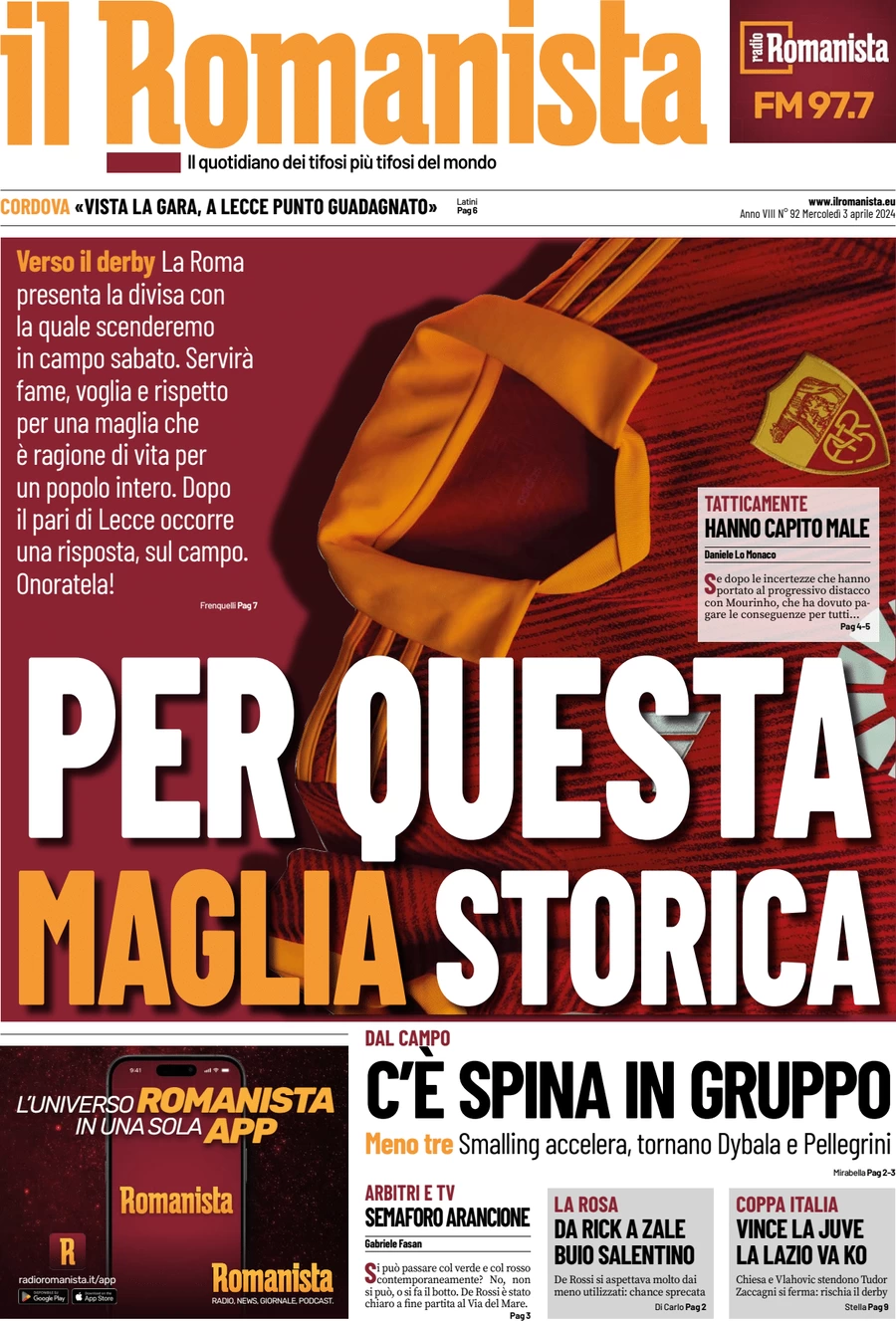 anteprima della prima pagina di il-romanista del 03/04/2024