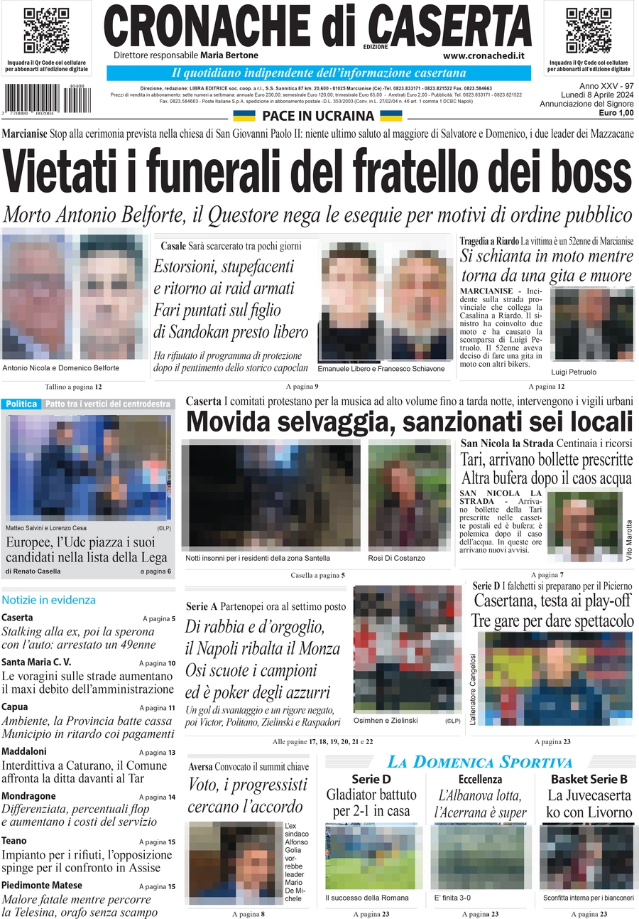 anteprima della prima pagina di cronache-di-caserta del 08/04/2024