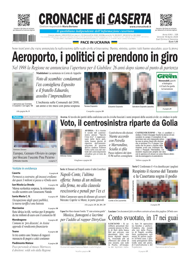 anteprima della prima pagina di cronache-di-caserta del 19/04/2024