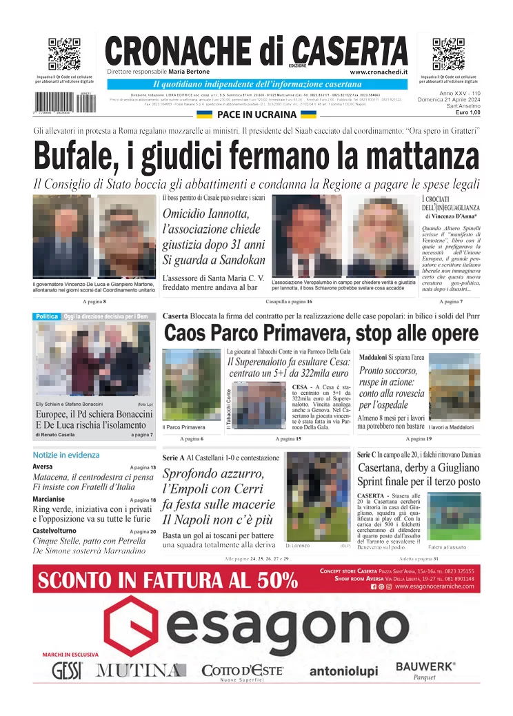 anteprima della prima pagina di cronache-di-caserta del 21/04/2024