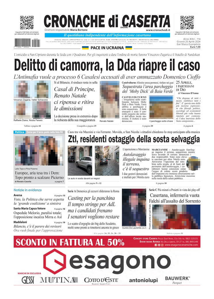 anteprima della prima pagina di cronache-di-caserta del 25/04/2024
