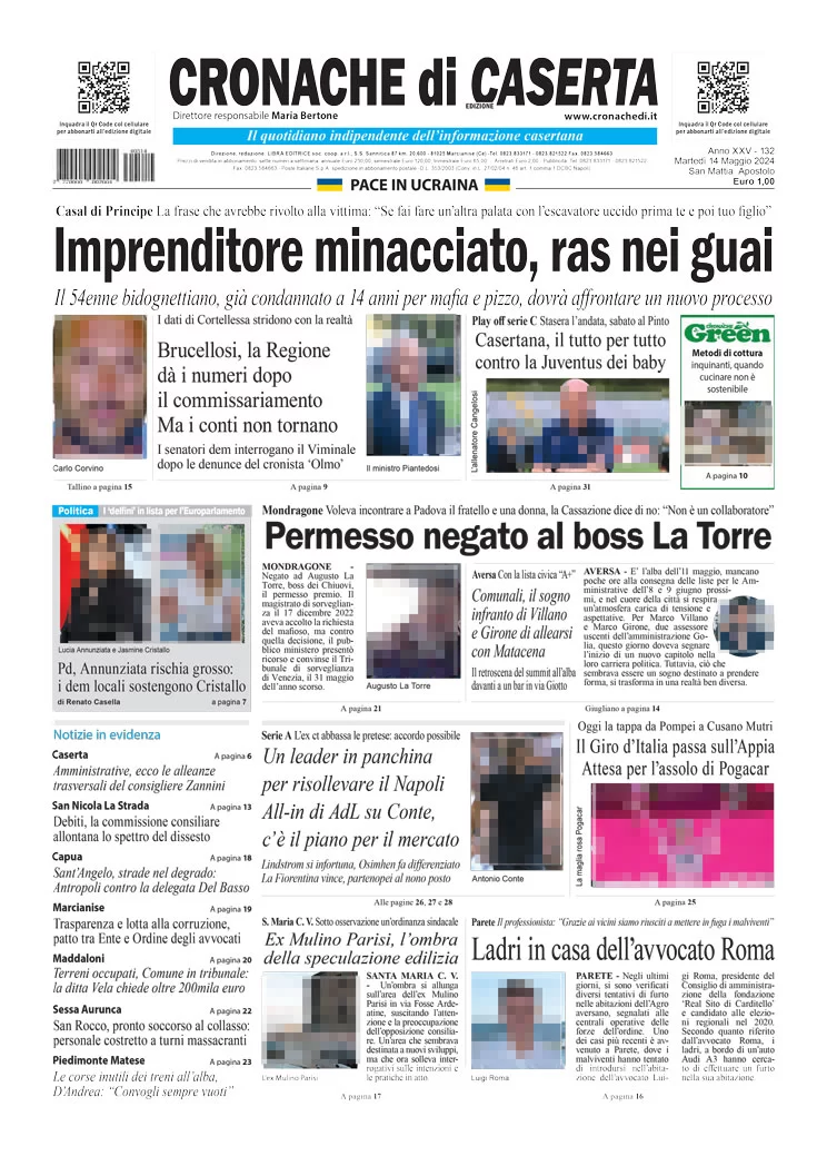 anteprima della prima pagina di cronache-di-caserta del 14/05/2024