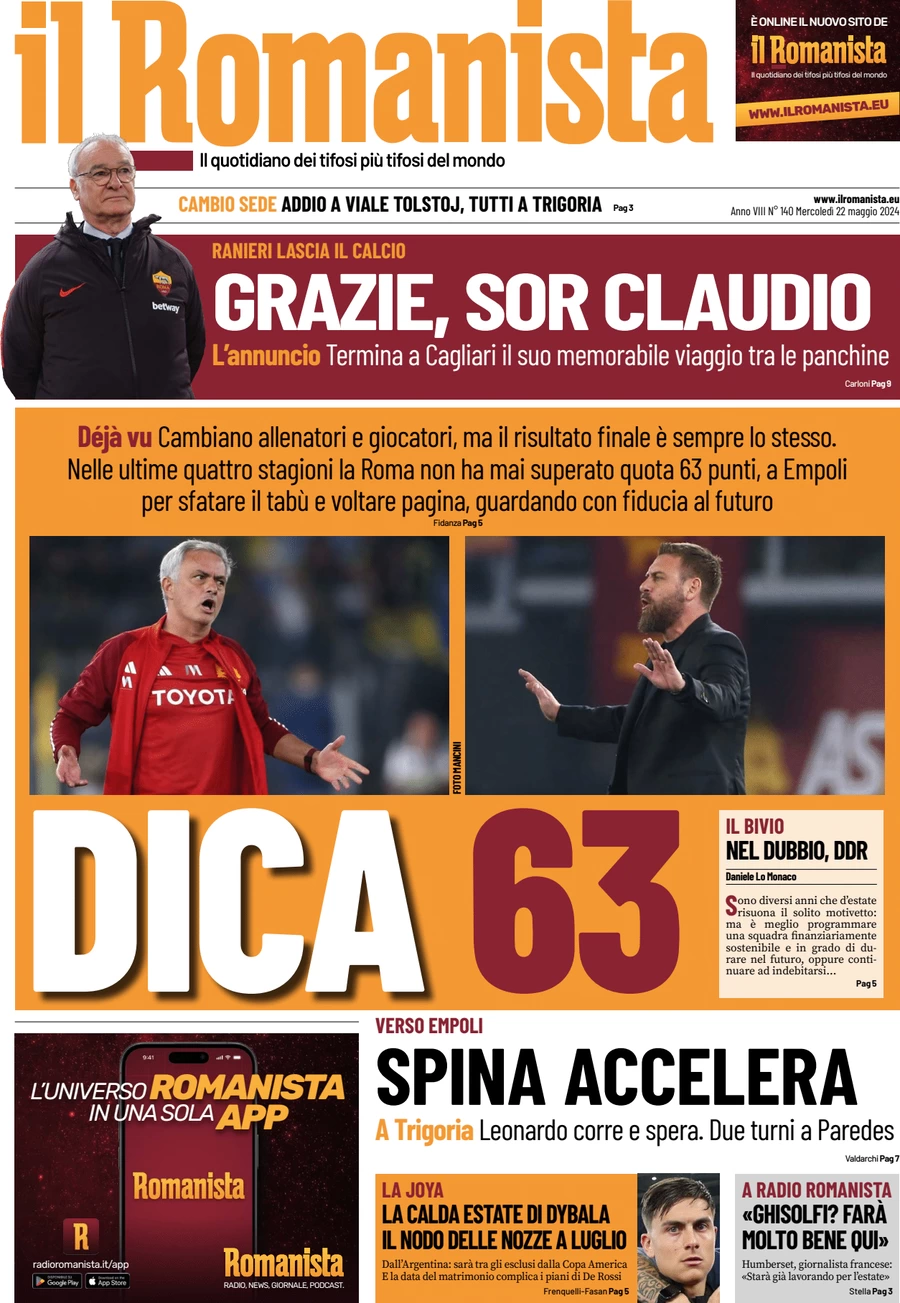 anteprima della prima pagina di il-romanista del 22/05/2024
