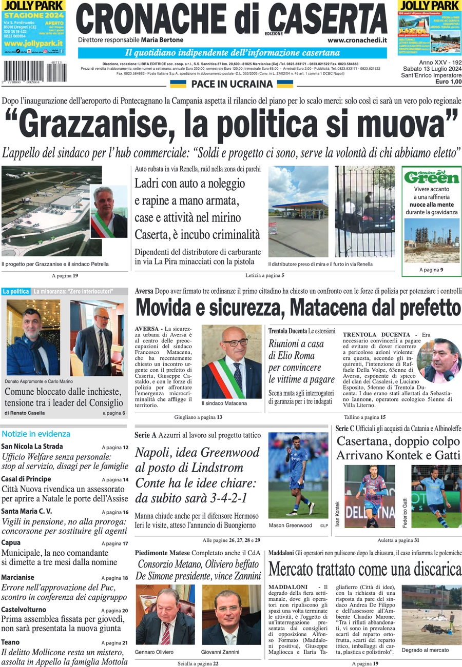 anteprima della prima pagina di cronache-di-caserta del 13/07/2024