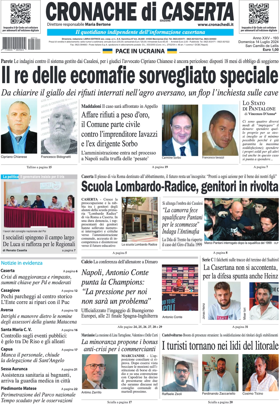 anteprima della prima pagina di cronache-di-caserta del 14/07/2024