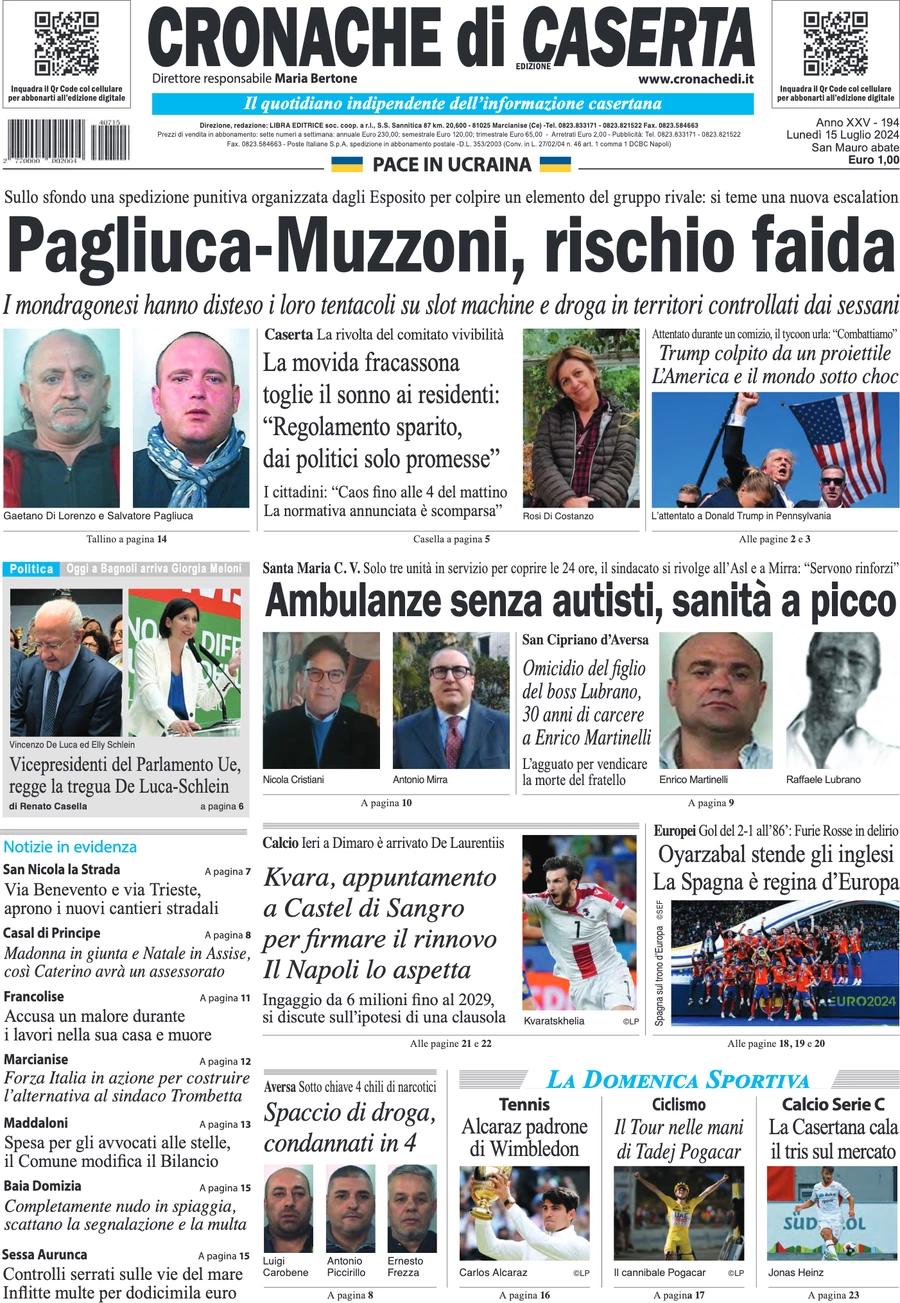 anteprima della prima pagina di cronache-di-caserta del 15/07/2024